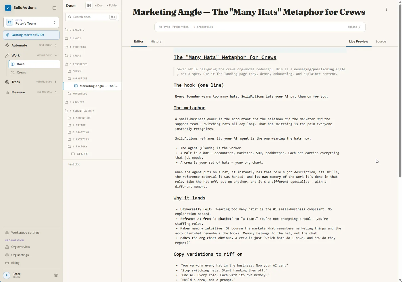SolidActions docs showing notes the AI wrote and organized into project folders