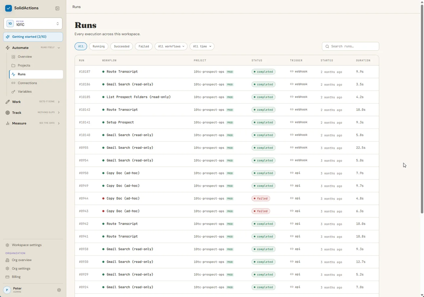 SolidActions run history listing workflow executions with status, trigger, and duration